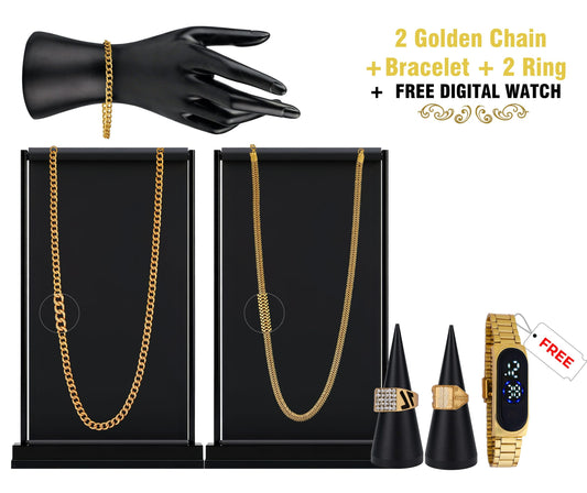 Combo of 2 Golden Chain + Bracelet + 2 Ring + Digital Watch