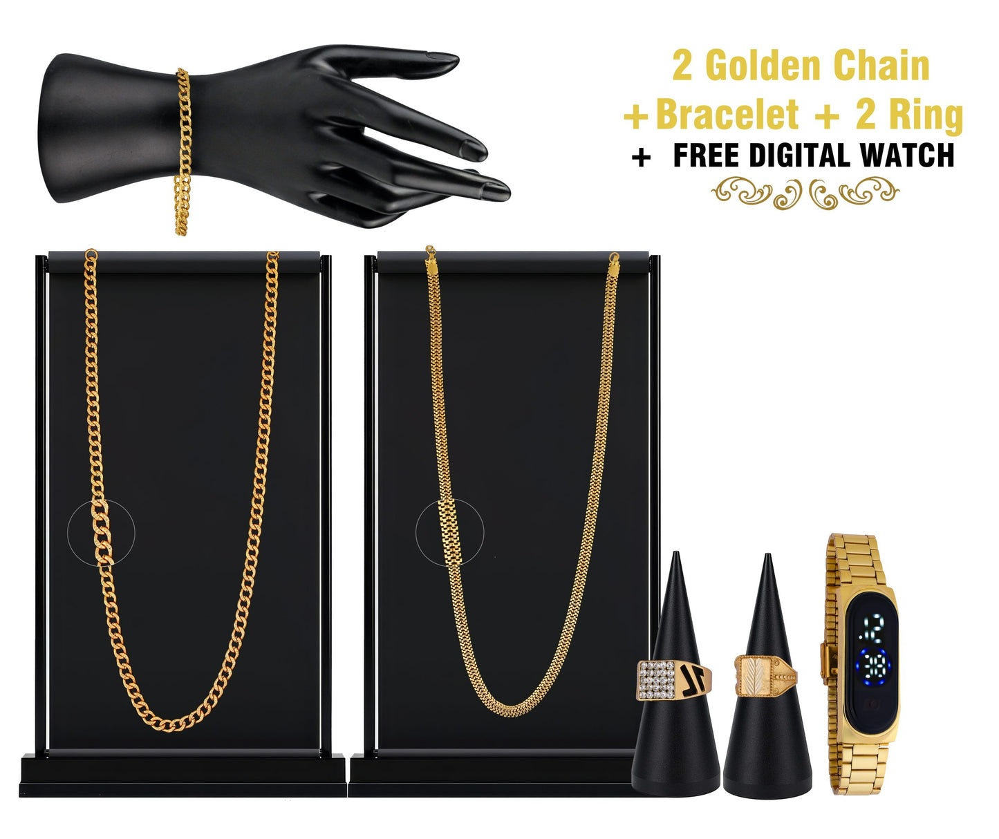 Combo of 2 Golden Chain + Bracelet + 2 Ring + Digital Watch
