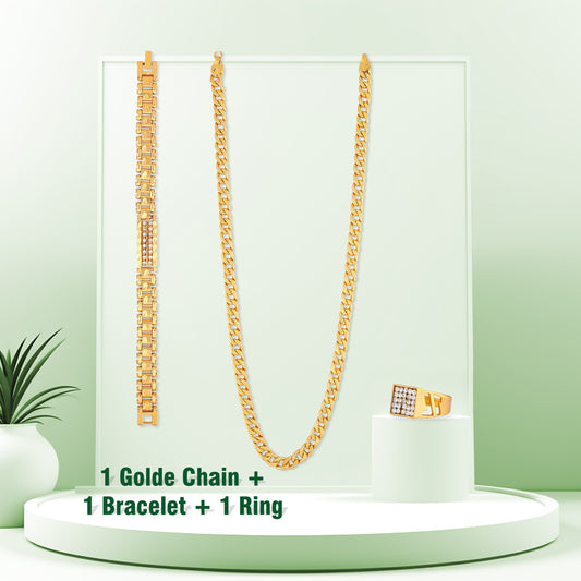 Combo of Golden Chain + Bracelet + Diamond Ring