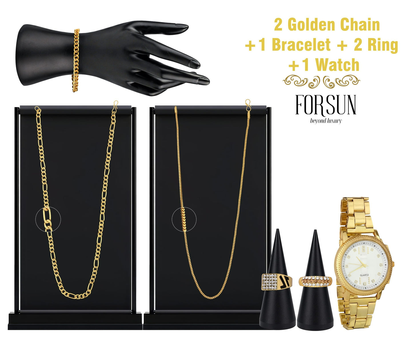 Combo of Golden Watch + 2 Chain + 2 Austrian Diamond Ring + Bracelet