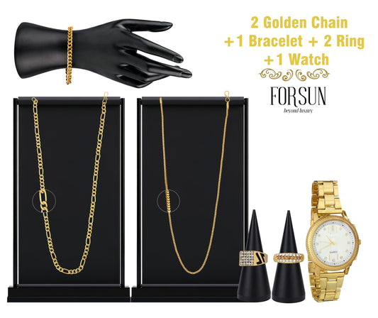 Combo of Golden Watch + 2 Chain + 2 Austrian Diamond Ring + Bracelet