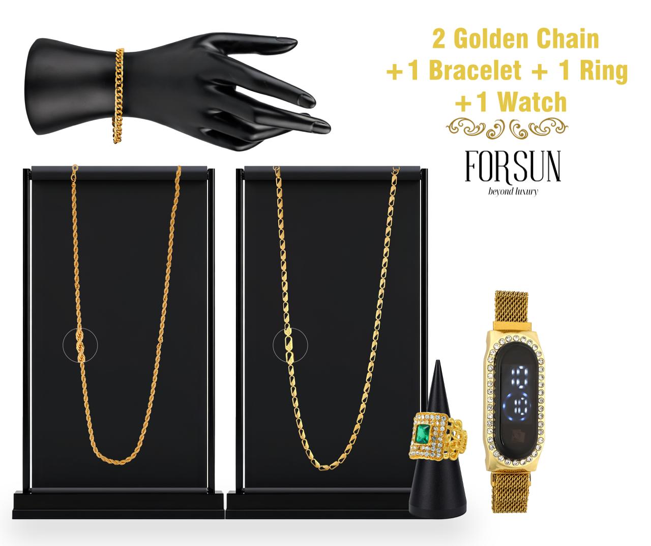 Combo of 2 Golden Chain + Bracelet + Maharaja Ring + Digital Watch(CBR3)